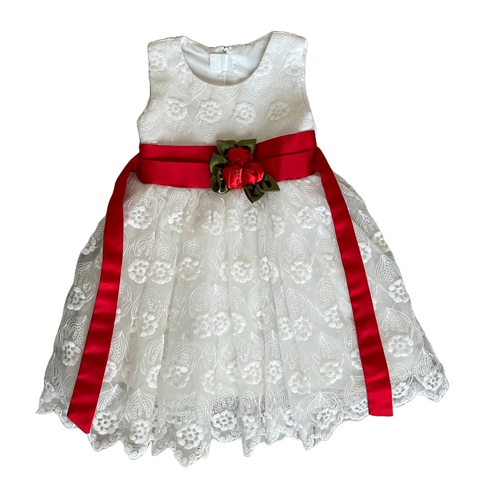 Little girls white lace formal dress with red satin waist, rosette on waist